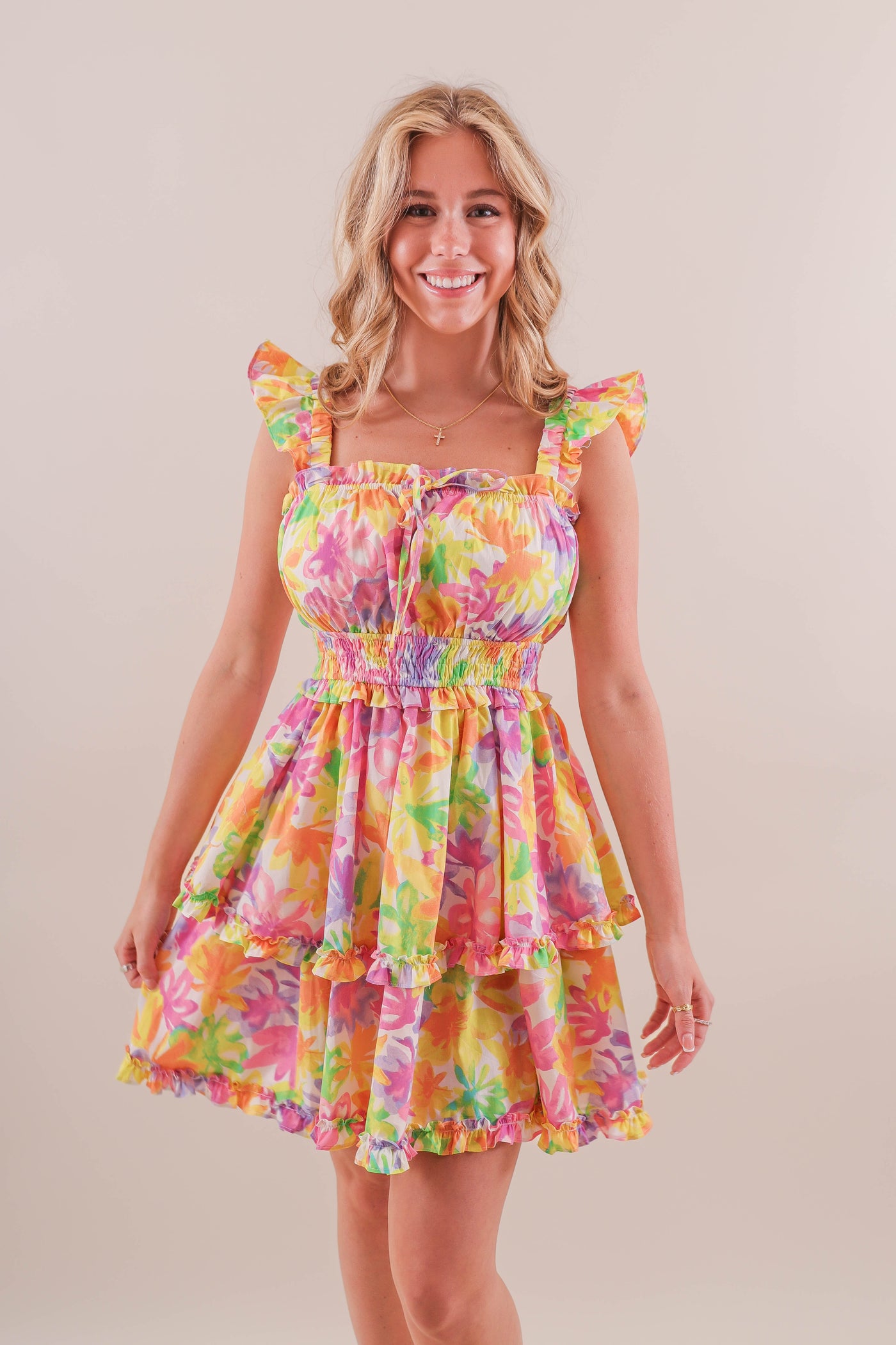 Bright Colorful Print Dress- Women's Mini Ruffle Bright Dress- &Merci Dresses