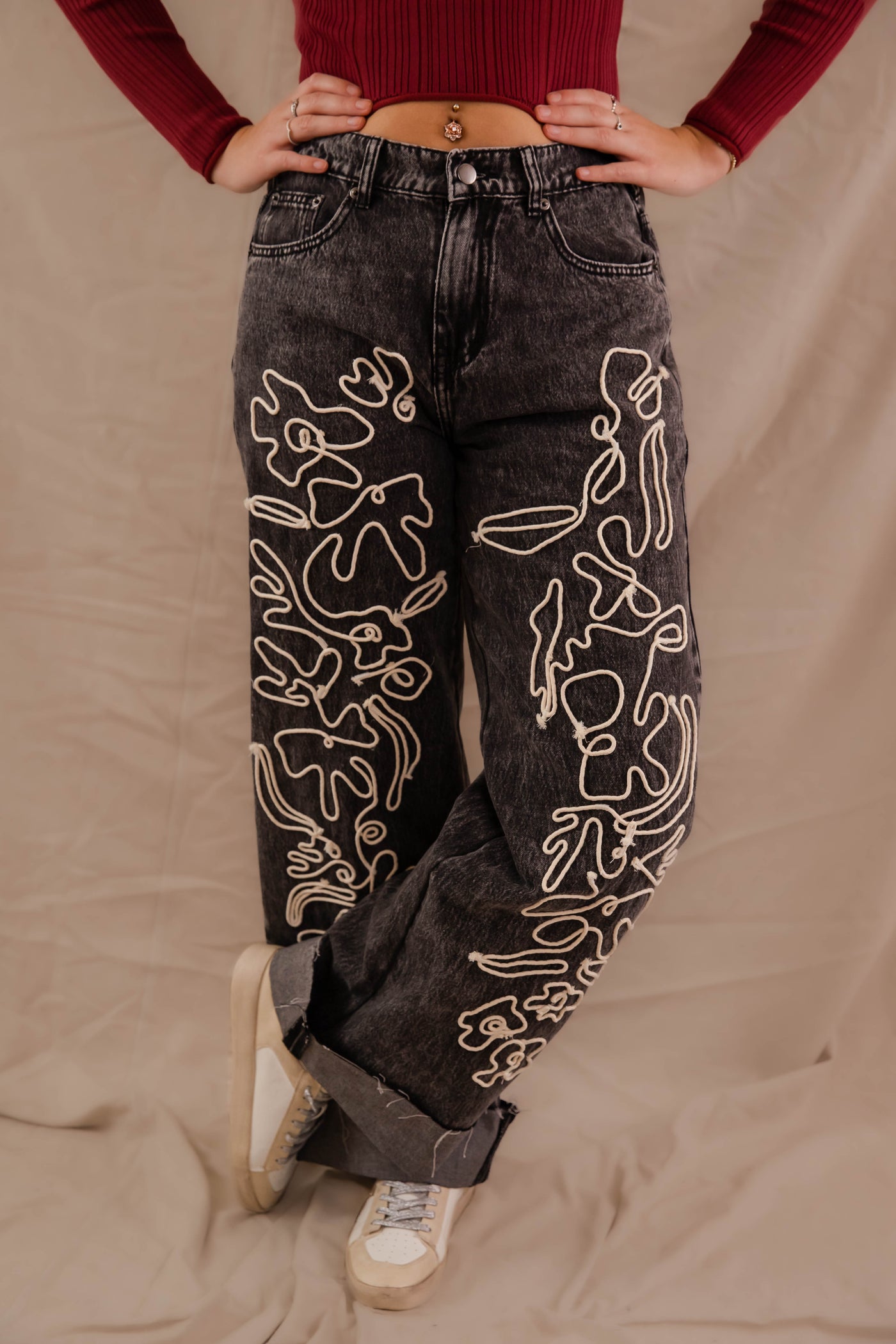 Women's Black Mineral Wash Denim- Floral Embroidered Jeans- Women's Vintage Inspired Denim