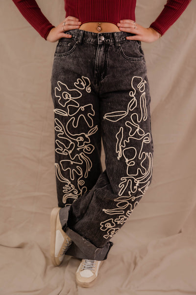 Women's Black Mineral Wash Denim- Floral Embroidered Jeans- Women's Vintage Inspired Denim