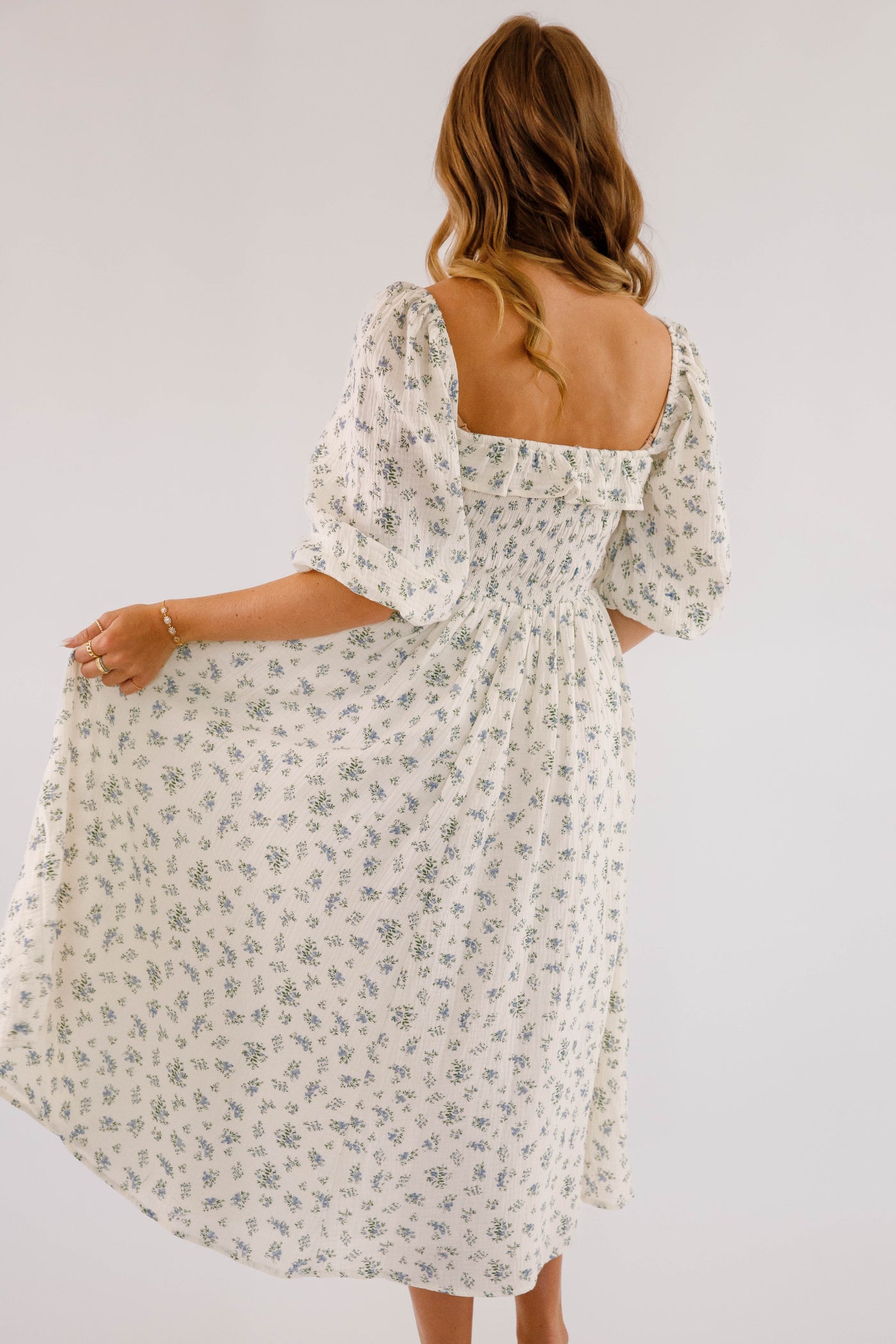 Dainty Blue Floral Print Midi Dress- Women's Cotton Midi Dress- Women's Conservative Dresses