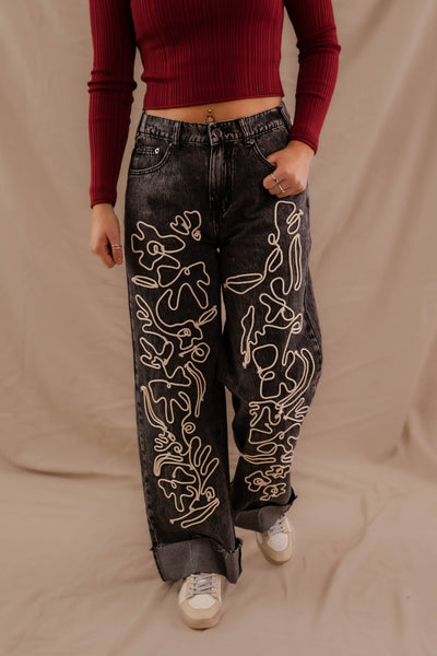 Women's Black Mineral Wash Denim- Floral Embroidered Jeans- Women's Vintage Inspired Denim