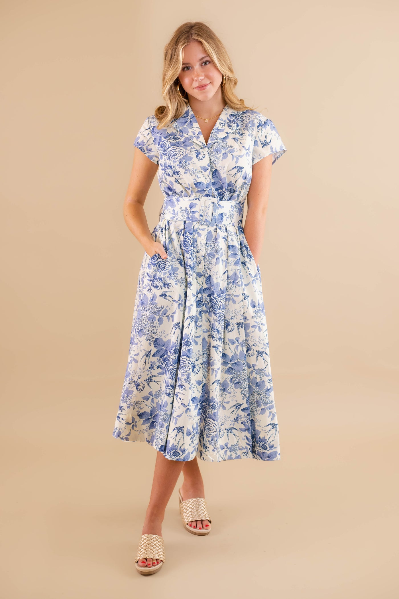 Floral Blue And White Midi Dress- Women's Belted Dress- AAKAA Dresses