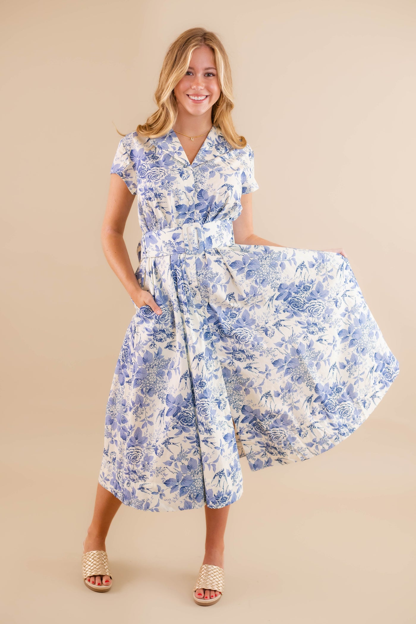 Floral Blue And White Midi Dress- Women's Belted Dress- AAKAA Dresses