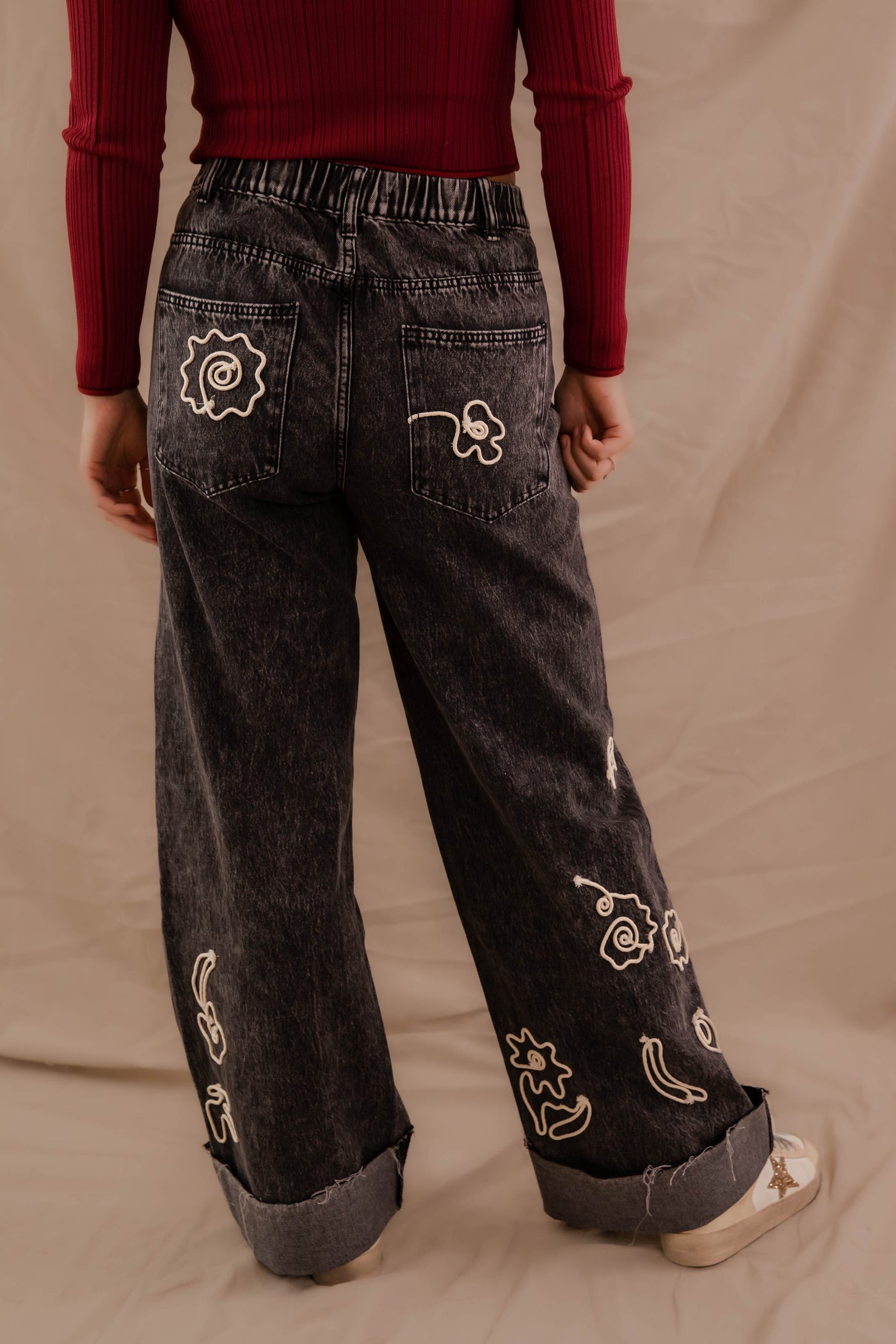 Women's Black Mineral Wash Denim- Floral Embroidered Jeans- Women's Vintage Inspired Denim