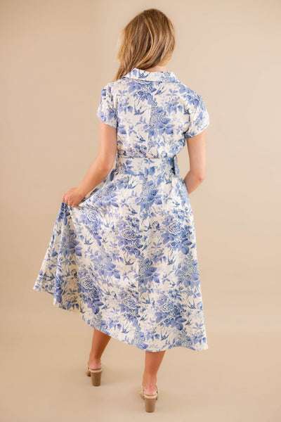 Floral Blue And White Midi Dress- Women's Belted Dress- AAKAA Dresses