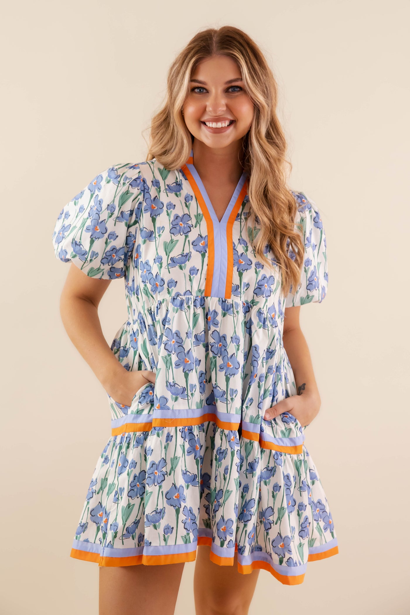 Blue Floral Print Dress- Women's Short Sleeve Bubble Dress- Women's Entro Dresses