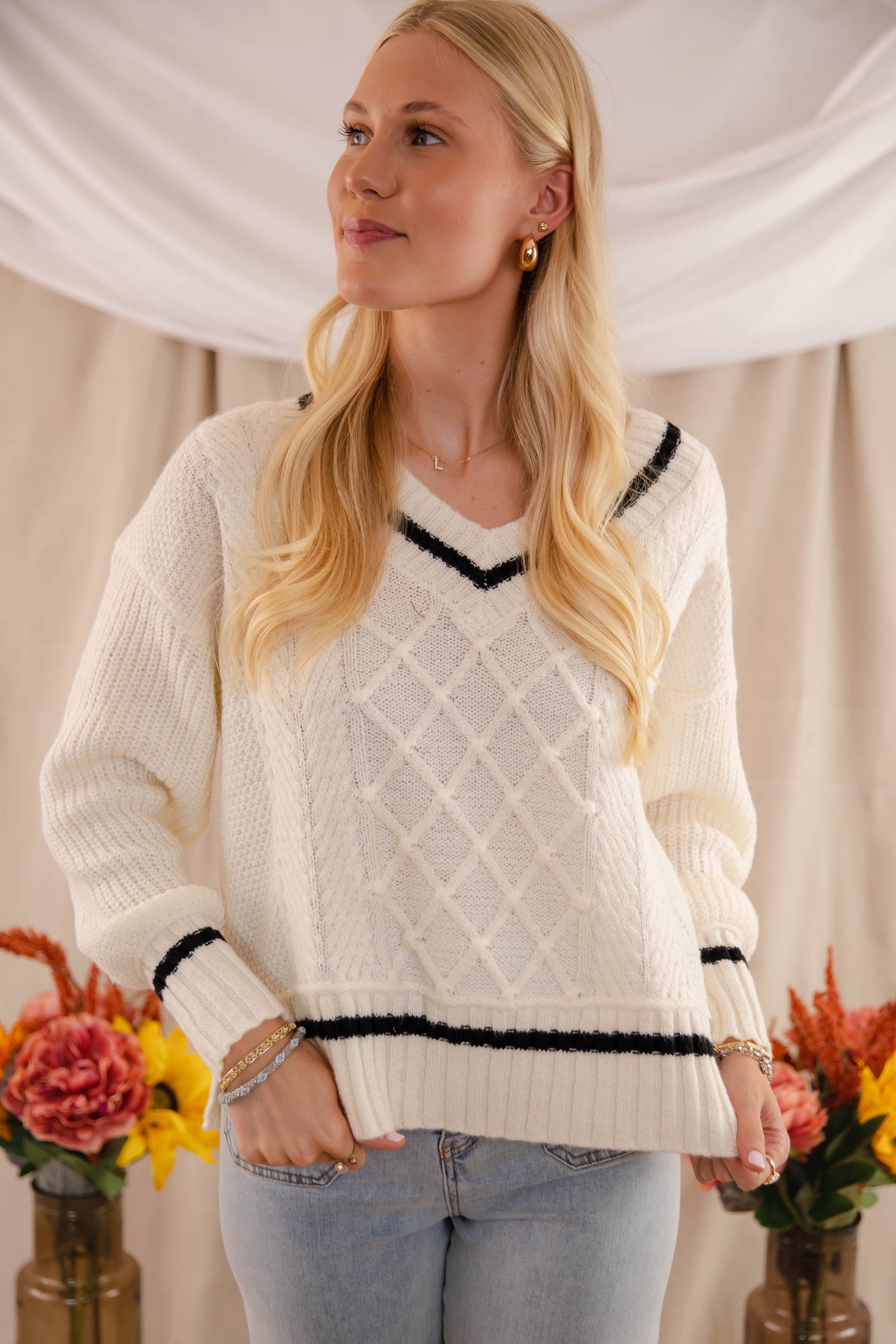 Cable Knit Ivory Sweater- Women's V-Neck Preppy Sweater- BluPepper Sweater