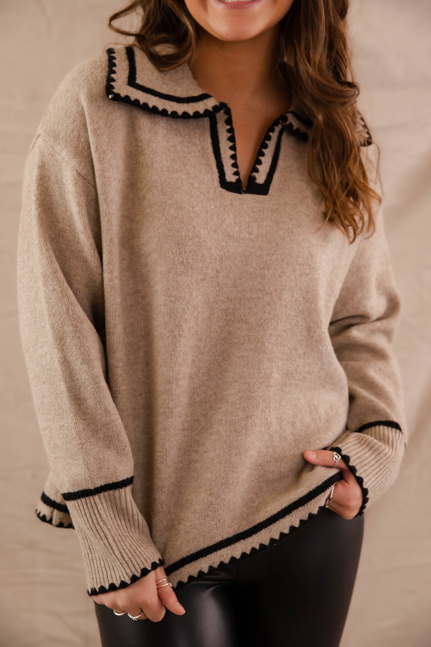 Taupe Sweater with Black Stitching- Women's Collar Sweater- Women's Preppy Sweaters