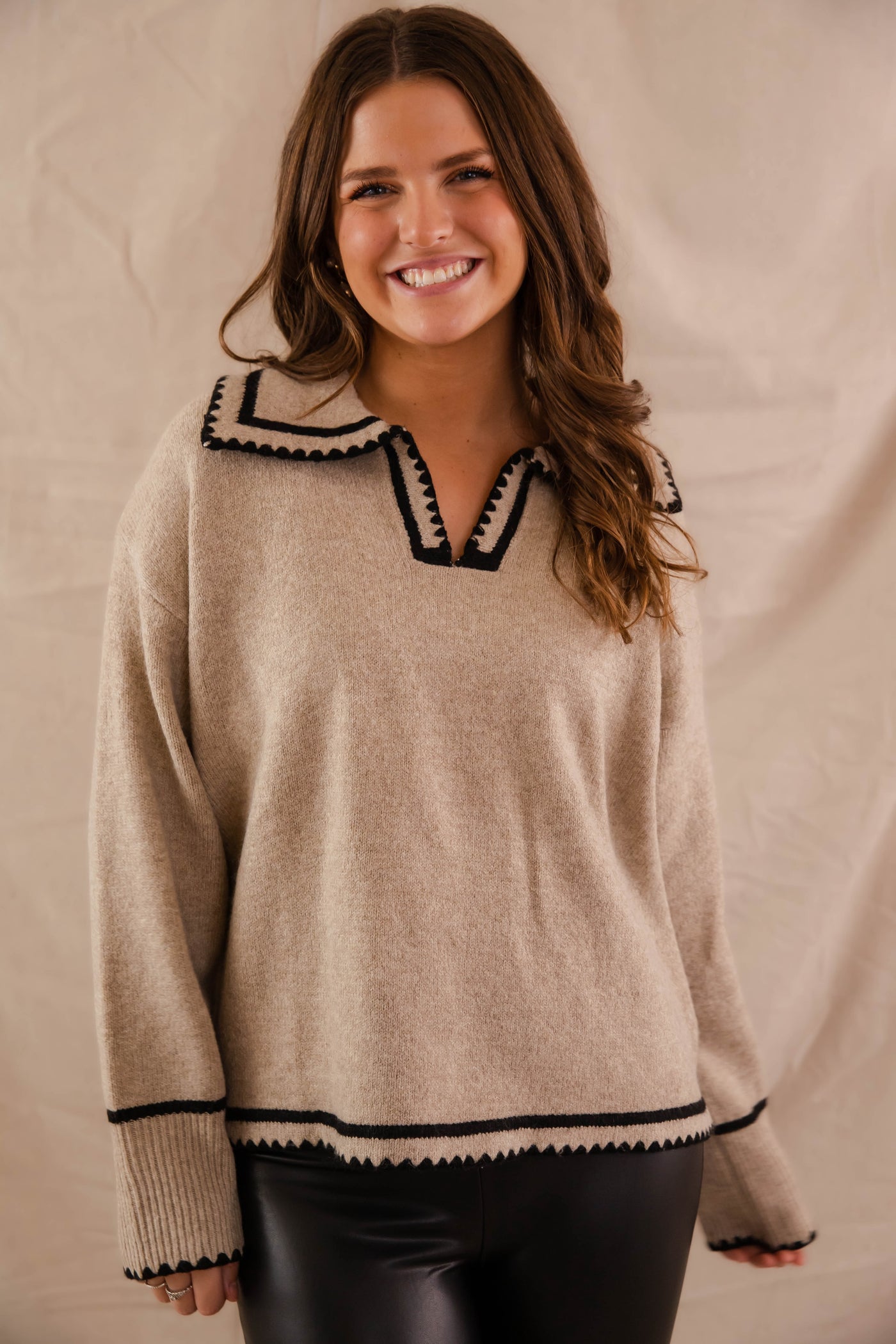 Taupe Sweater with Black Stitching- Women's Collar Sweater- Women's Preppy Sweaters