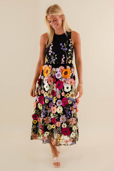 Women's 3D Flower Tulle Midi Dress- Women's Special Occasion Flower Dress- Taylor Grammy's Dress