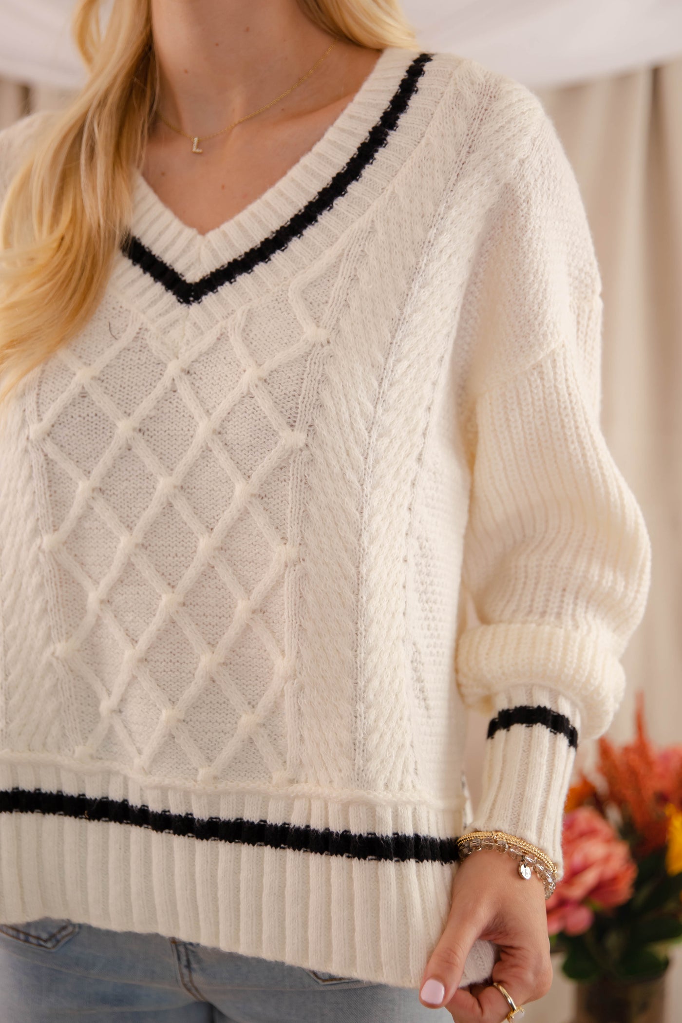 Cable Knit Ivory Sweater- Women's V-Neck Preppy Sweater- BluPepper Sweater