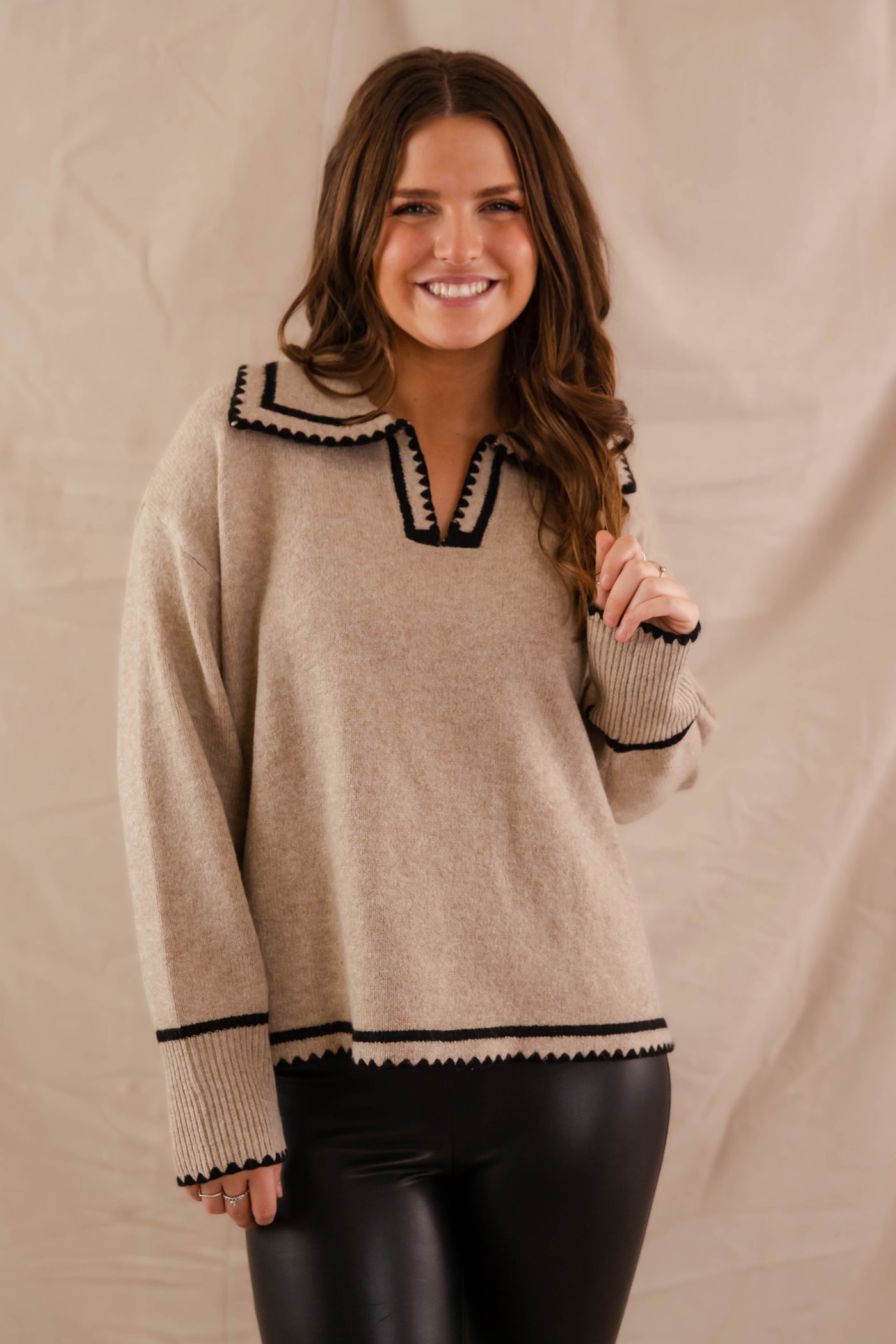 Taupe Sweater with Black Stitching- Women's Collar Sweater- Women's Preppy Sweaters