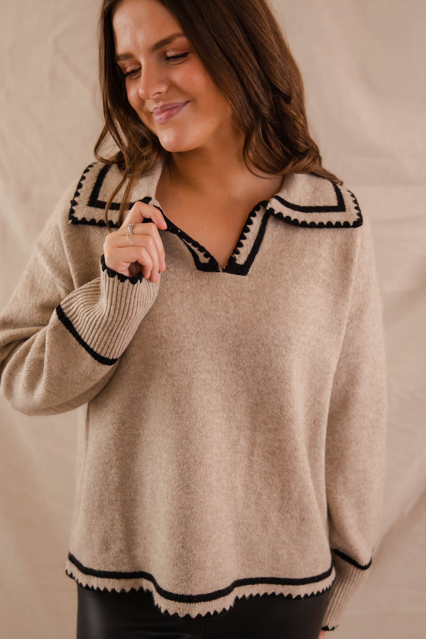 Taupe Sweater with Black Stitching- Women's Collar Sweater- Women's Preppy Sweaters