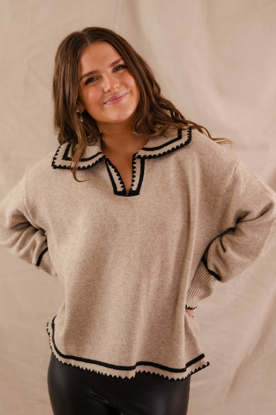 Taupe Sweater with Black Stitching- Women's Collar Sweater- Women's Preppy Sweaters