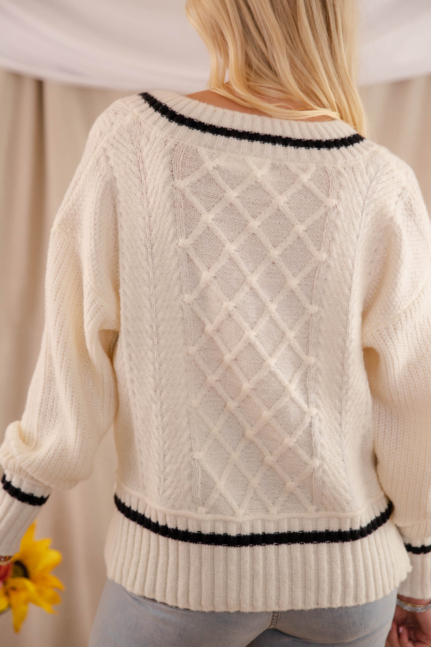 Cable Knit Ivory Sweater- Women's V-Neck Preppy Sweater- BluPepper Sweater