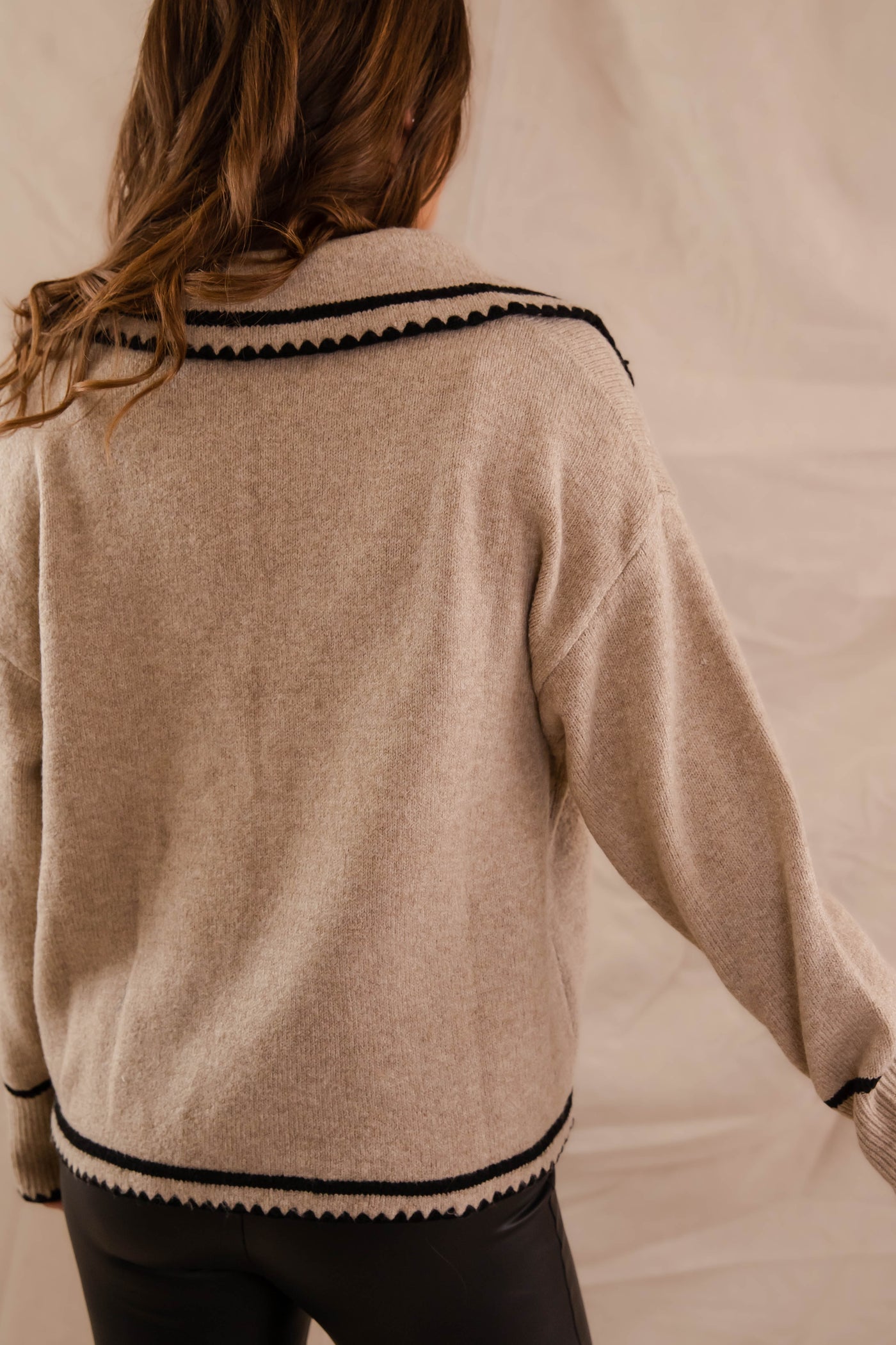 Taupe Sweater with Black Stitching- Women's Collar Sweater- Women's Preppy Sweaters