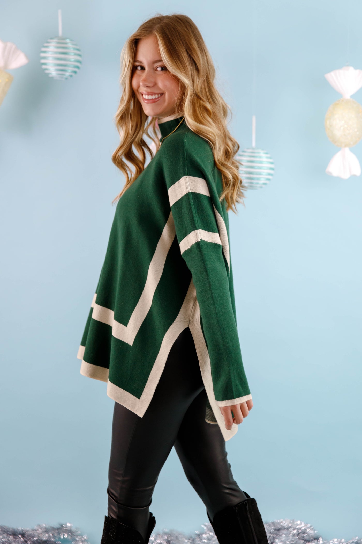 Women's Oversized Two Tone Sweater- Mockneck Hunter Green Sweater- Entro Stripe Sweater