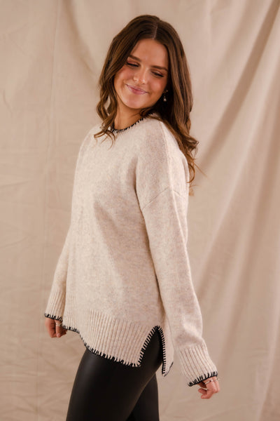 Women's Classic Style Sweater- Taupe Sweater with Black Stitch Detail