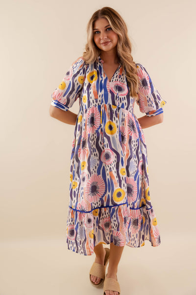 Abstract Tiered Midi Dress- Women's Summer Midi Dress- Umgee Dresses