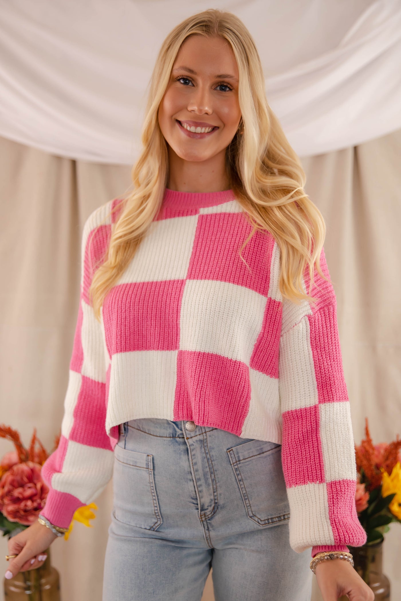 Women's Checkered Sweater- Women's Trendy Sweaters- Fun Check Sweater