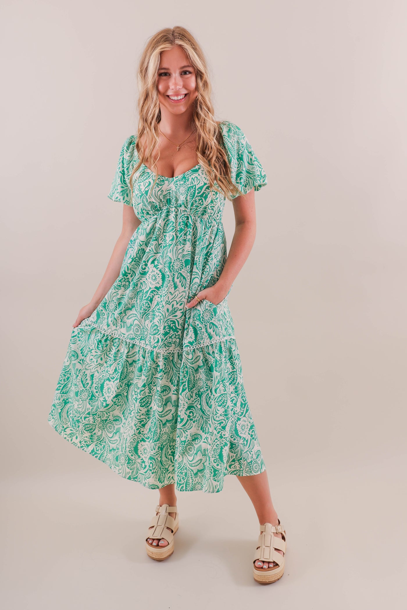 Women's Green Print Midi Dress- Paisley Green Midi Dress- She + Sky Dresses