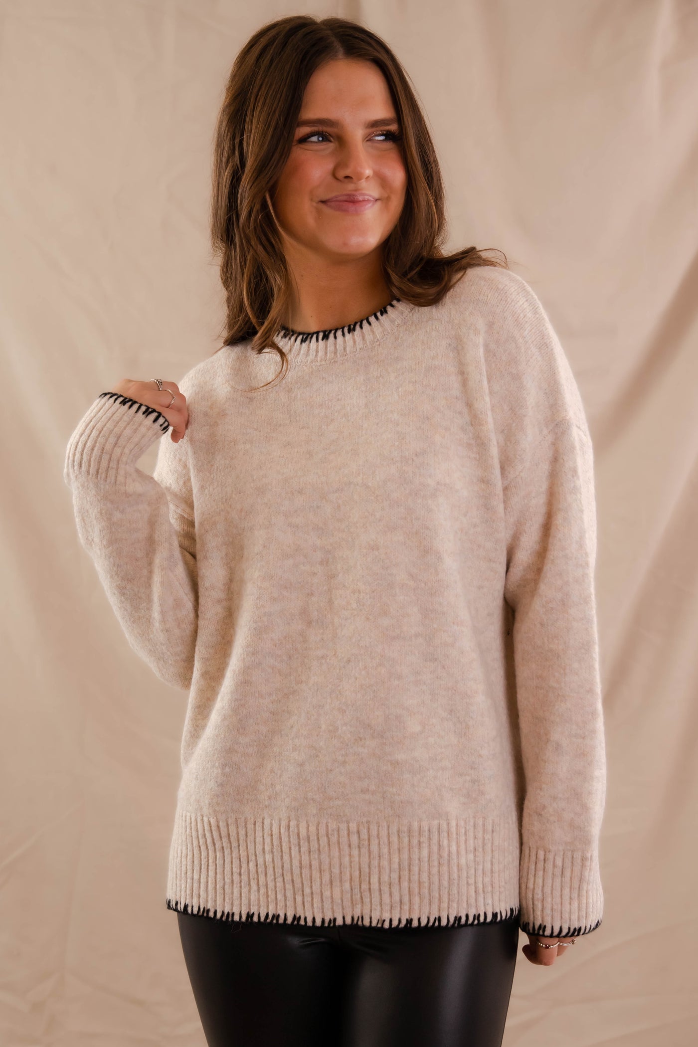 Women's Classic Style Sweater- Taupe Sweater with Black Stitch Detail