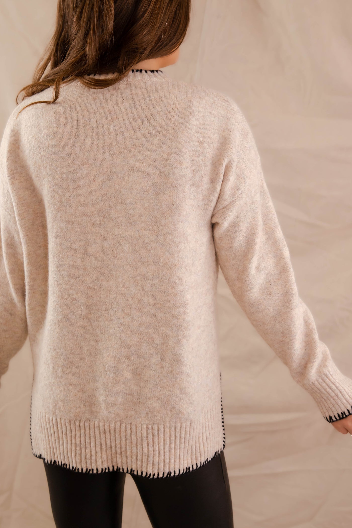 Women's Classic Style Sweater- Taupe Sweater with Black Stitch Detail