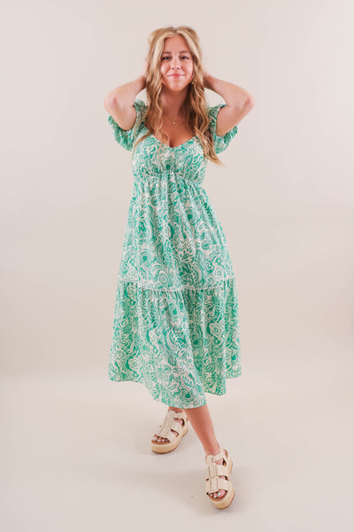 Women's Green Print Midi Dress- Paisley Green Midi Dress- She + Sky Dresses