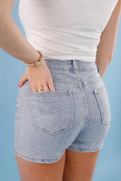 Denim Rhinestone Shorts- Rhinestone Concert Shorts- Fully Rhinestoned Shorts