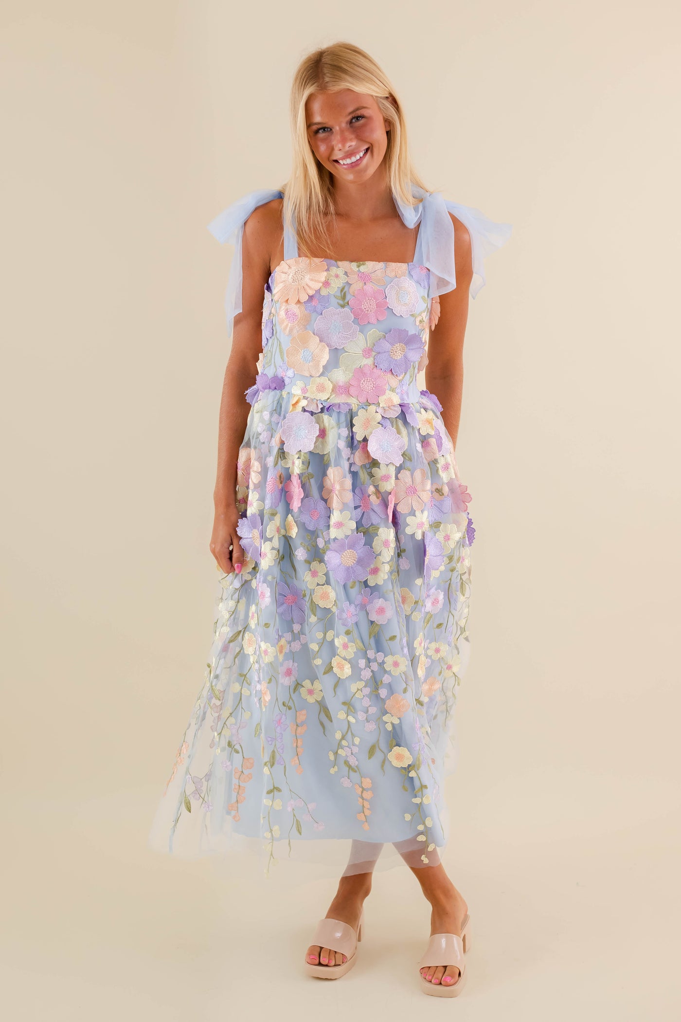 Light Blue Floral Embroidered Maxi Dress- Tulle 3d Flower Dress- Just Me Flower Maxi Dress