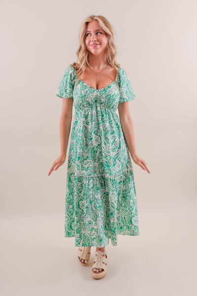 Women's Green Print Midi Dress- Paisley Green Midi Dress- She + Sky Dresses