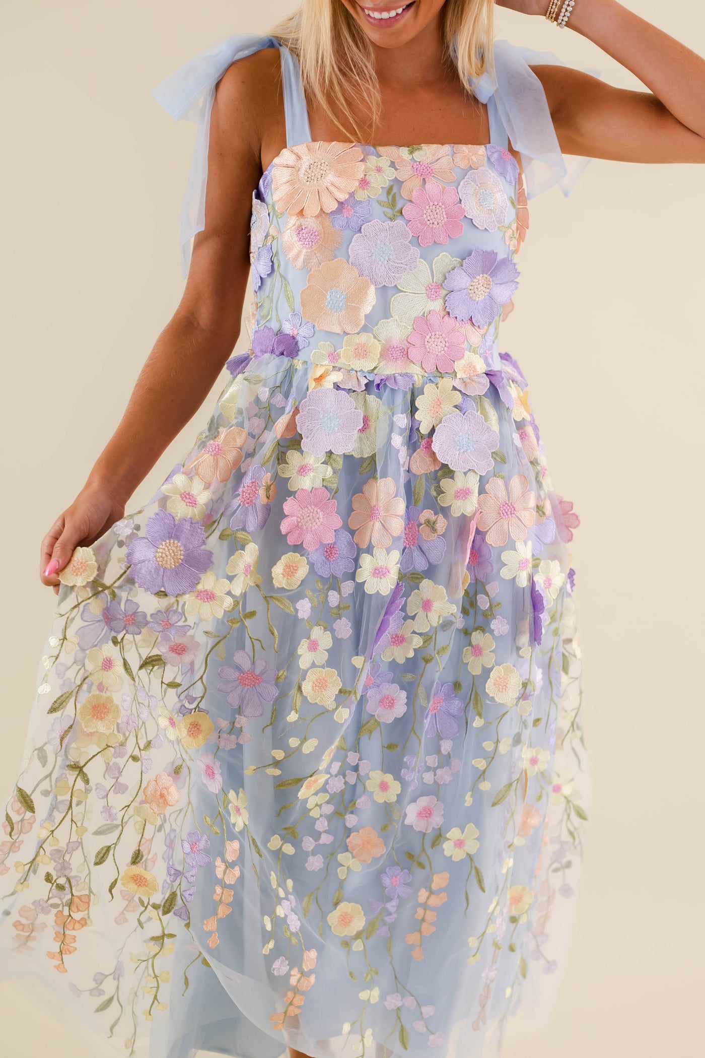 Light Blue Floral Embroidered Maxi Dress- Tulle 3d Flower Dress- Just Me Flower Maxi Dress