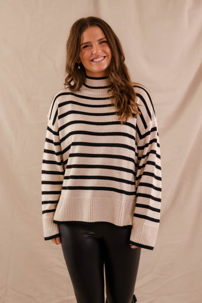 Stripe Knit Turtleneck Sweater- Black and Taupe Stripe Sweater for Women