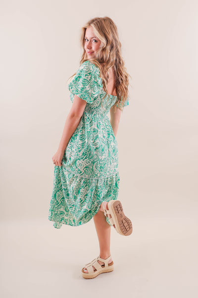 Women's Green Print Midi Dress- Paisley Green Midi Dress- She + Sky Dresses