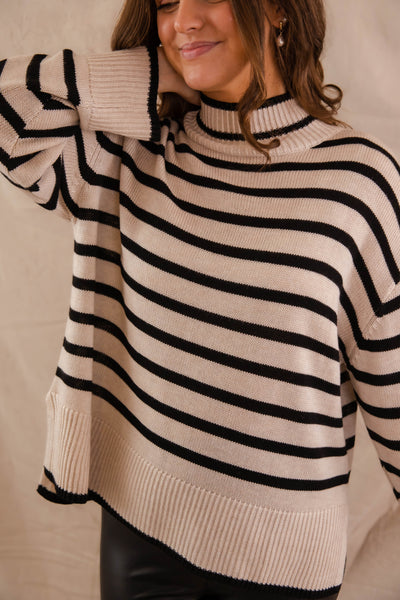 Stripe Knit Turtleneck Sweater- Black and Taupe Stripe Sweater for Women