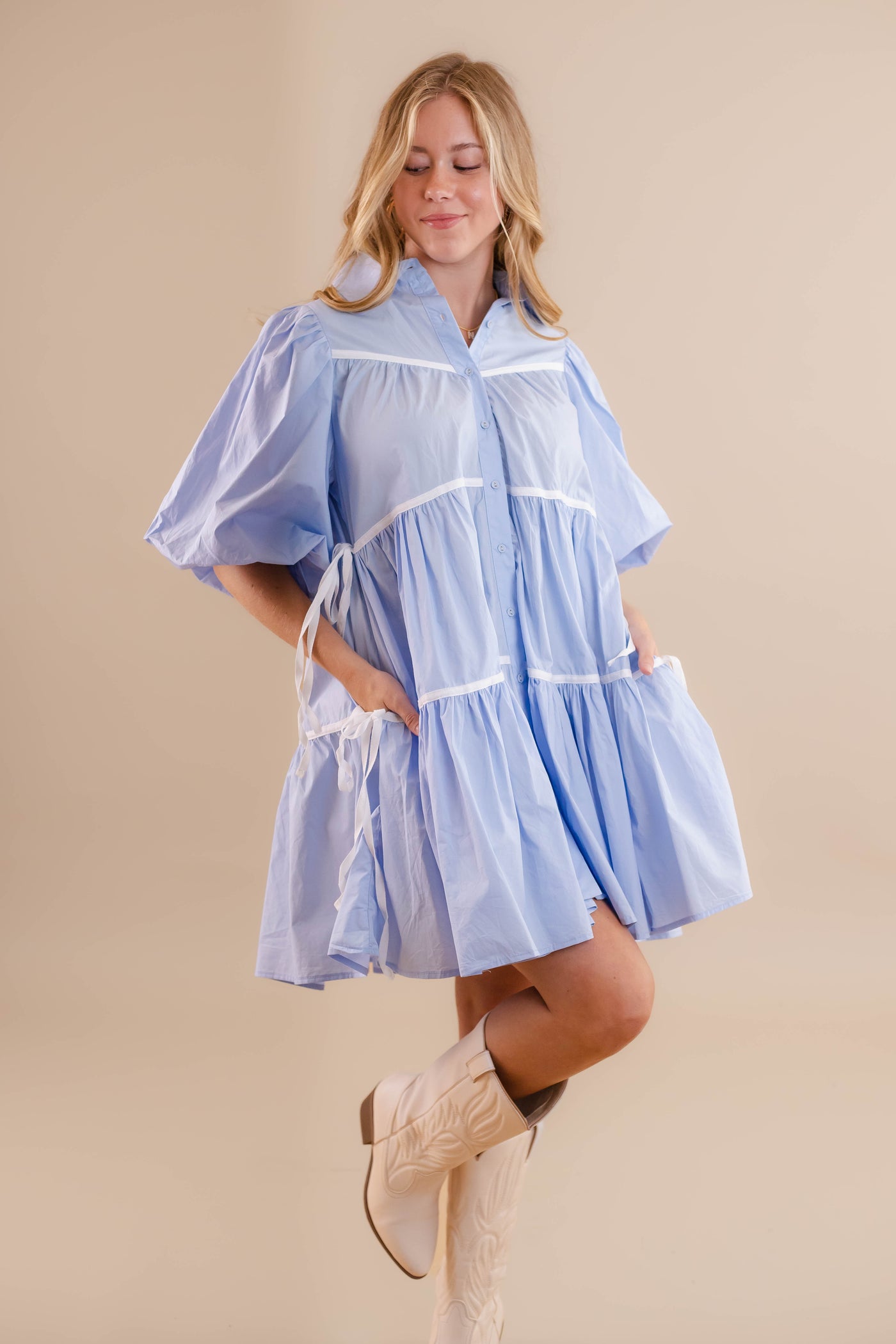 Women's Blue Button Down Dress- Chic High End Dress with Bubble Sleeves- Sofie The Label Dress