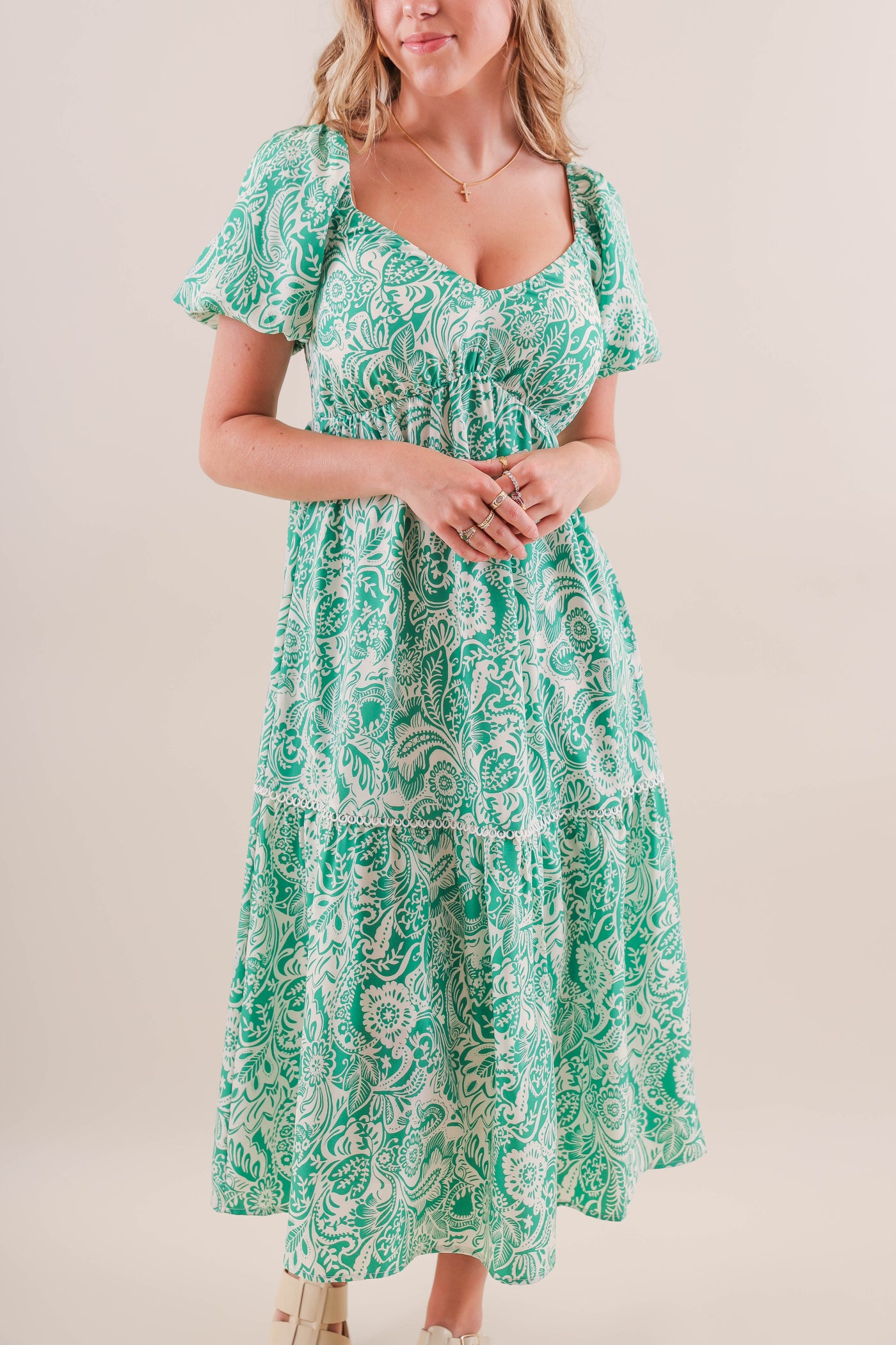 Women's Green Print Midi Dress- Paisley Green Midi Dress- She + Sky Dresses