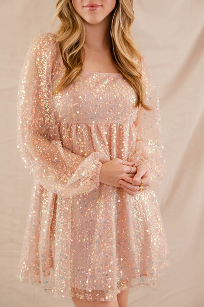 Women's Long Sleeve Sequin Dress- Blush Pink Sequin Dress- Main Strip Party Dress Dress