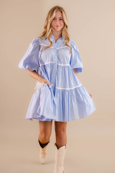 Women's Blue Button Down Dress- Chic High End Dress with Bubble Sleeves- Sofie The Label Dress