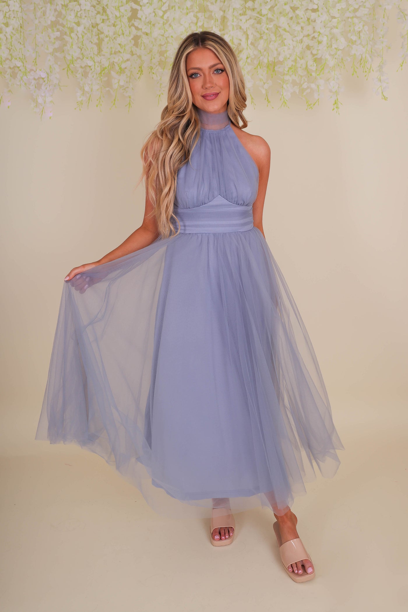 Women's Blue Midi Dress- Fancy Tulle Dress For Women- Fancy Wedding Guest Dress