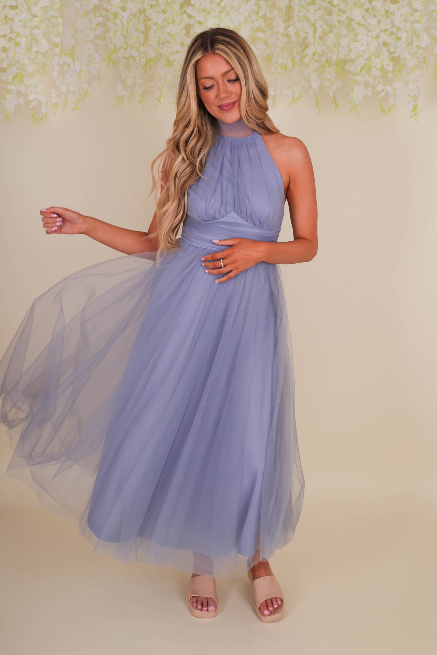 Women's Blue Midi Dress- Fancy Tulle Dress For Women- Fancy Wedding Guest Dress