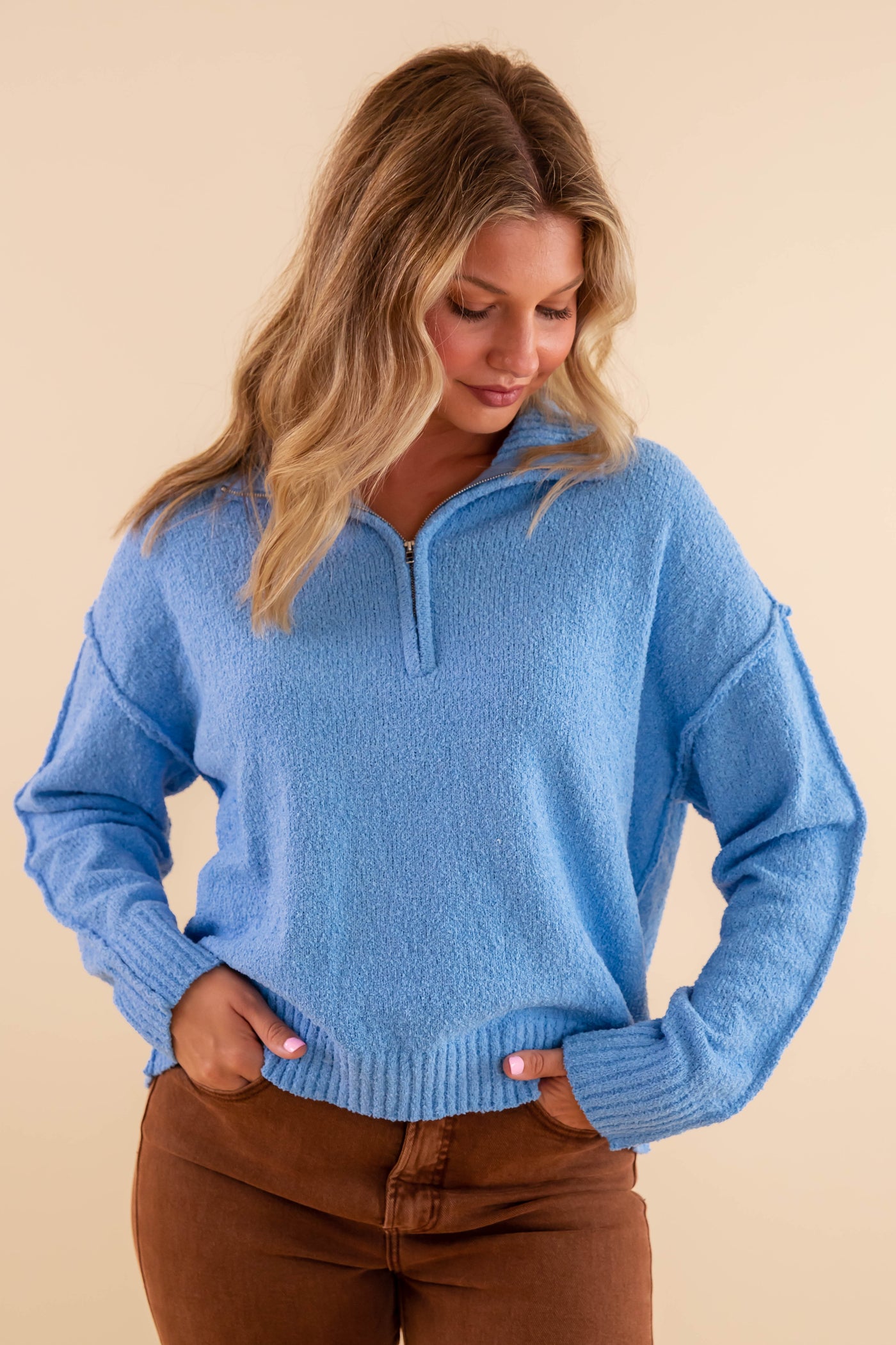 Classic Blue Zip Up Sweater- Women's Quarter Zip Sweater- Promesa Light Blue Zip Up Sweater