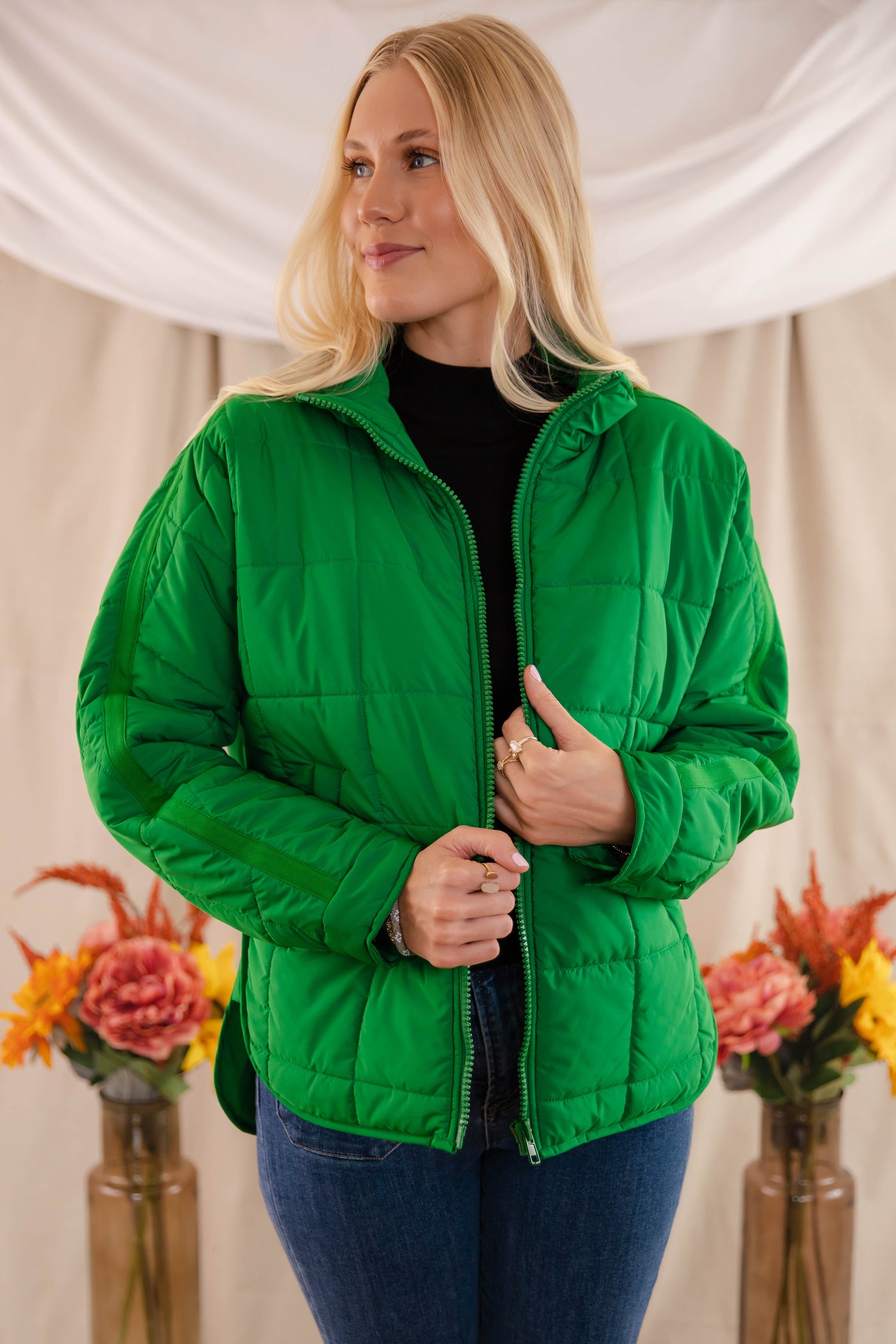 Green Quilted Puffer Jacket- Women's Boxy Fall Jacket- FP Dupe Quilted Jacket