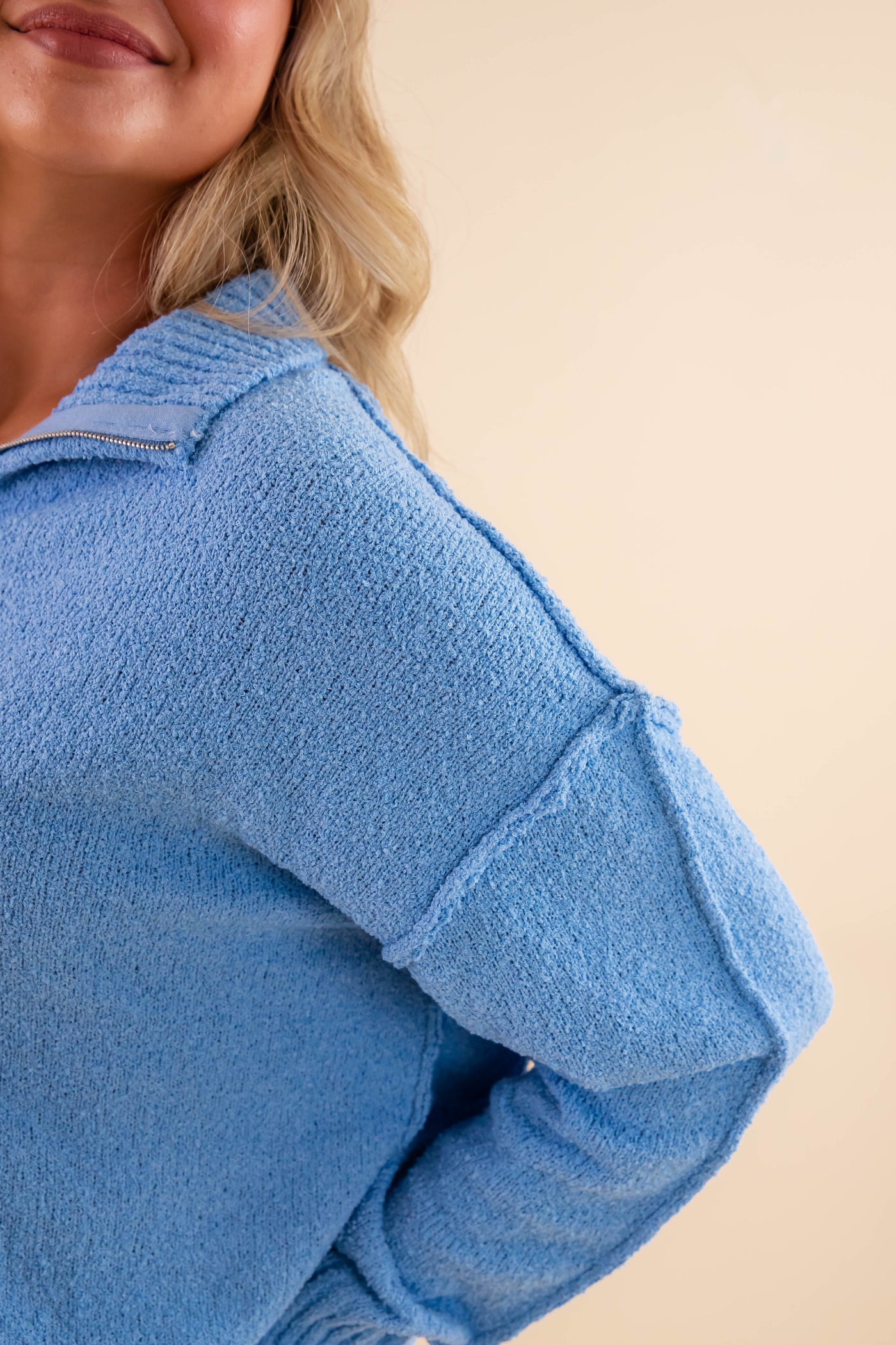 Classic Blue Zip Up Sweater- Women's Quarter Zip Sweater- Promesa Light Blue Zip Up Sweater