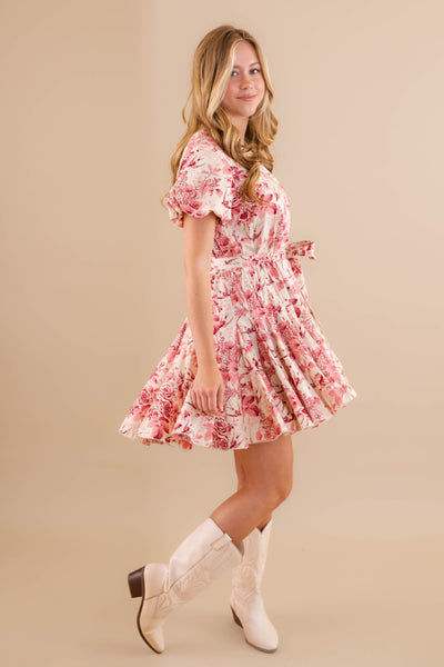 Button Down Shirt Dress- Women's Vintage Inspired Dress- Pink and Red Floral Pleated Dress