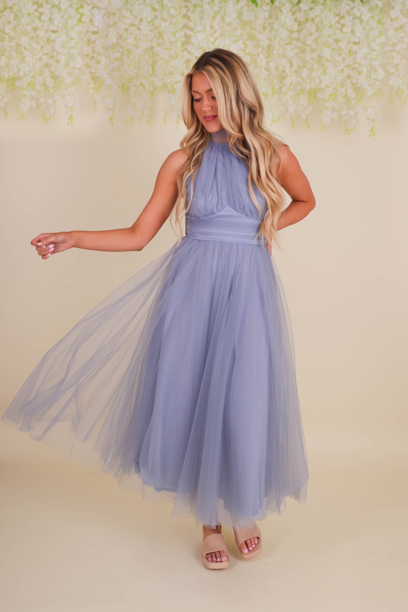 Women's Blue Midi Dress- Fancy Tulle Dress For Women- Fancy Wedding Guest Dress