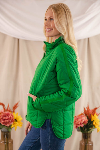 Green Quilted Puffer Jacket- Women's Boxy Fall Jacket- FP Dupe Quilted Jacket