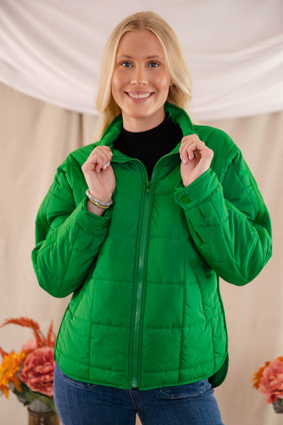 Green Quilted Puffer Jacket- Women's Boxy Fall Jacket- FP Dupe Quilted Jacket