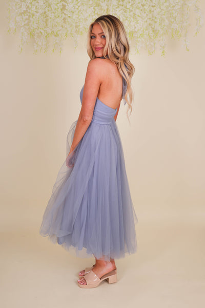 Women's Blue Midi Dress- Fancy Tulle Dress For Women- Fancy Wedding Guest Dress