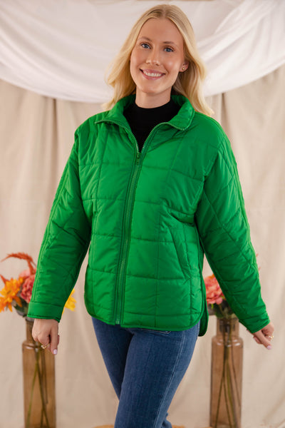 Green Quilted Puffer Jacket- Women's Boxy Fall Jacket- FP Dupe Quilted Jacket